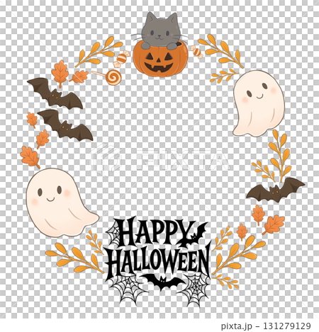 Illustration of a round Halloween-style wreath with ghosts and a cat. Design for cards and invitations. Cute design for Halloween. 131279129