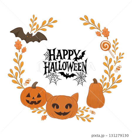 Illustration of a round Halloween-style wreath. Design for cards and invitations. Cute design for Halloween. 131279130