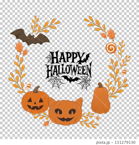 Illustration of a round Halloween-style wreath. Design for cards and invitations. Cute design for Halloween. 131279130