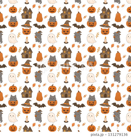 Design for wrapping paper and textiles with a Halloween theme. A spooky pattern with cute cats and pumpkins. 131279136