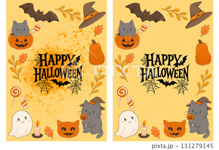 Yellow Halloween card with cute illustrations featuring cats and Halloween attributes 131279145