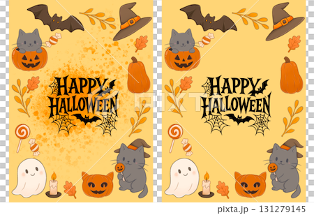 Yellow Halloween card with cute illustrations featuring cats and Halloween attributes 131279145