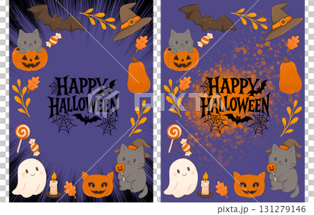Purple Halloween card with cute illustrations featuring cats and Halloween attributes 131279146
