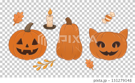 A set with cute pumpkin illustrations featuring candles and autumn leaves. Halloween elements. 131279148