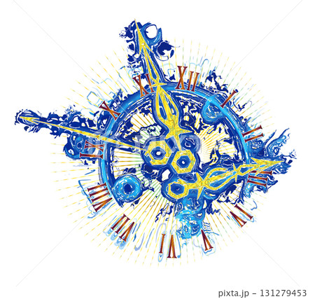 海のドラマチックで躍動感溢れる波紋柄にアンティーク時計針で歴史感をアート表現（レトロなローマ数字版） 131279453