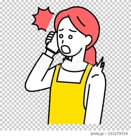 A woman in an apron surprised by a call on her smartphone 131279724