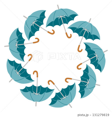 Autumn umbrella circle frame. Round border made of umbrellas. The umbrellas are arranged in a circle. Vector flat isolated on white background. 131279819