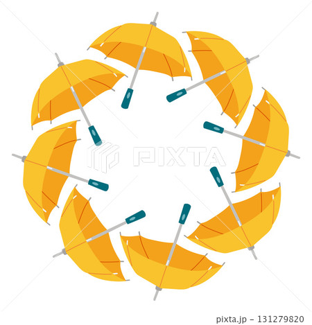 Autumn umbrella circle frame. Round border made of umbrellas. The umbrellas are arranged in a circle. Vector flat isolated on white background. 131279820