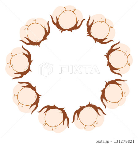 Autumn cotton boll circle frame. Round border made of cotton boxes. The cotton is arranged in a circle. Vector flat isolated on white background. 131279821