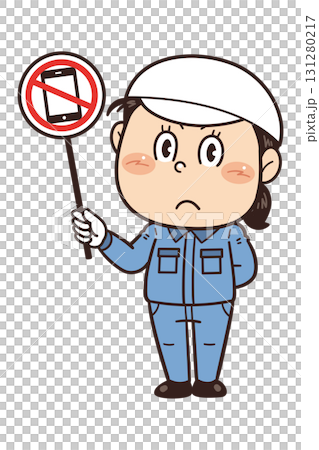 【スマホ使用禁止】工場で働く女性作業員が禁止標識を持つイラスト｜不安全行動・不安全状態・労働災害 131280217