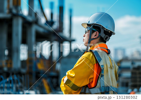建設現場で周囲を確認する日本人作業員 131280302