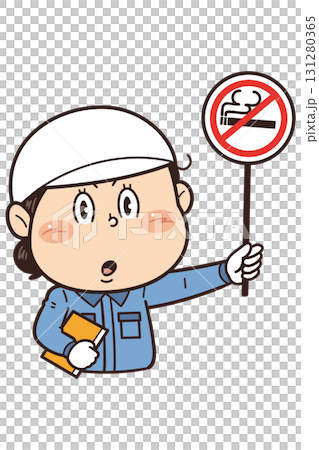 【禁煙】工場や現場で働く女性作業員が禁止標識を持つイラスト 131280365