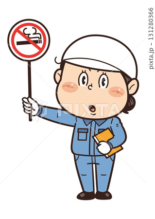 【禁煙】工場や現場で働く女性作業員が禁止標識を持つイラスト 131280366