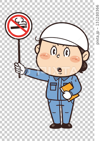 【禁煙】工場や現場で働く女性作業員が禁止標識を持つイラスト 131280366