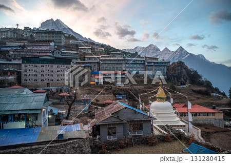 View of the accommodation and Sherpa house in Namche Bazaar village. Namche Bazaar is the staging point for expeditions to Everest and other Himalayan peaks in the area. 131280415