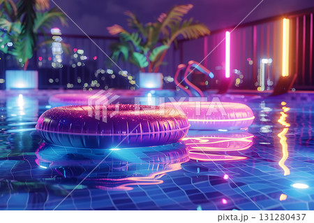 ネオンライトに照らされた夜のプールサイドの風景 131280437