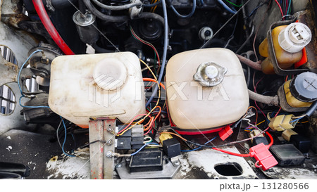 view of a retro car engine in a car service center, repair and maintenance of retro cars 131280566