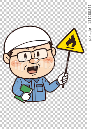 【可燃性物質】工場や現場で働く男性作業員が警告標識を持つイラスト|不安全行動・不安全状態・労働災害 【可燃性物質】工場や現場で働く男性作業員が警告標識を持つイラスト|不安全行動・不安全状態・労働災害 131280851