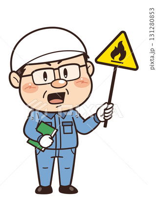【可燃性物質】工場や現場で働く男性作業員が警告標識を持つイラスト 131280853