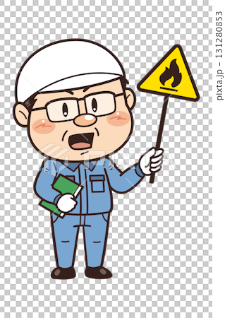 【可燃性物質】工場や現場で働く男性作業員が警告標識を持つイラスト 131280853