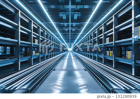 未来的な自動搬送ラインが広がる近代的物流施設 131280939