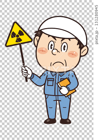[Radiation Caution] Illustration of a male worker at a factory or on-site holding a warning sign | Unsafe behavior, unsafe conditions, and workplace accidents 131280945