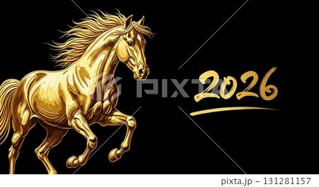2026年年賀状：午年をテーマにした力強い馬のイラスト 131281157
