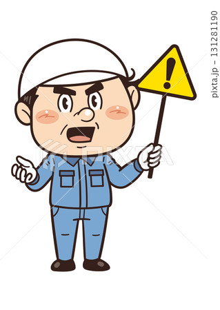 【注意】工場や現場で働く男性作業員が警告標識を持つイラスト 131281190
