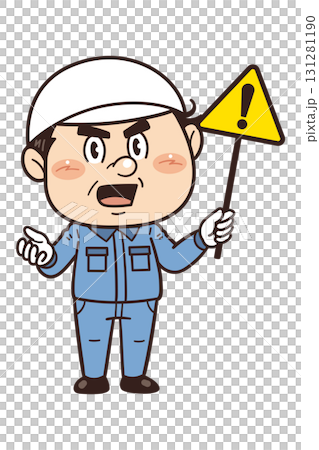【注意】工場や現場で働く男性作業員が警告標識を持つイラスト 131281190