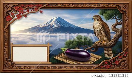 年賀状用フレーム：一富士二鷹三茄子の伝統的な縁起物を使った年賀状フレーム 131281355
