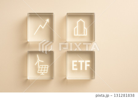 フラットレイ構図のETF投資コンセプト｜株式・不動産・再生可能エネルギーを表すガラスキューブ 131281838