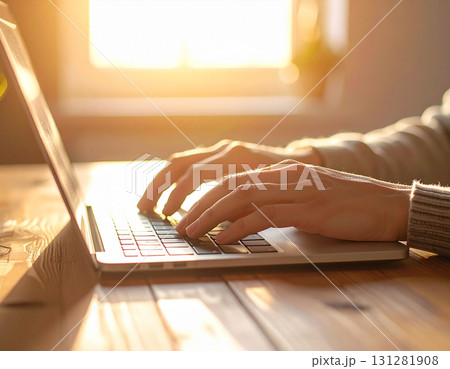 夕日を背に木製テーブルでノートPCを操作する手元 夕日を背に木製テーブルでノートPCを操作する手元 131281908