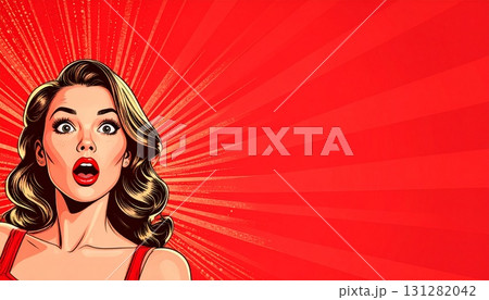 ポップアート背景　驚く女性のコミック調のイラスト　生成AIイラスト 131282042