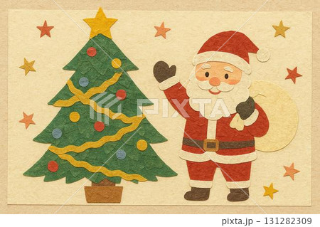 クリスマスツリー　サンタクロース　貼り絵調 131282309