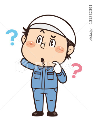 工場や現場で働く男性作業員が眉をひそめて考えているイラスト 131282391
