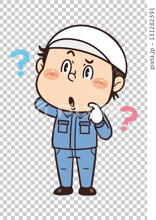 工場や現場で働く男性作業員が眉をひそめて考えているイラスト 131282391
