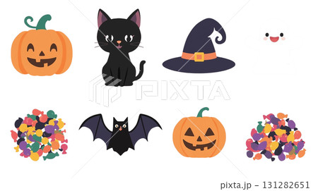 ハロウィンイラストセット（かぼちゃ・黒猫・キャンディ） 131282651