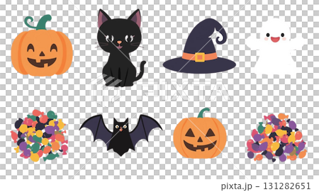 ハロウィンイラストセット（かぼちゃ・黒猫・キャンディ） 131282651