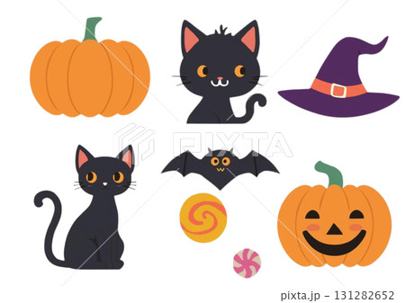 ハロウィンイラストセット（かぼちゃ・黒猫全身・半身） 131282652
