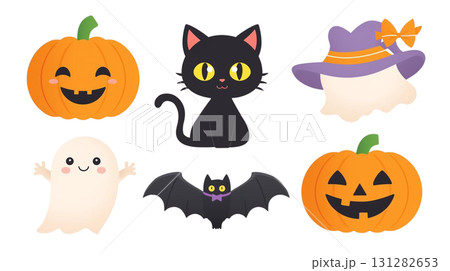 ハロウィンイラストセット（かぼちゃ・黒猫・おばけ） 131282653