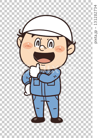工場で働く男性作業員『ばっちり！』のジェスチャーをしているイラスト｜不安全行動・不安全状態・労働災害 131282734