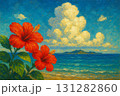 ハイビスカス　海　離島　入道雲　油彩画 131282860