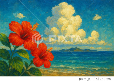 ハイビスカス　海　離島　入道雲　油彩画 131282860