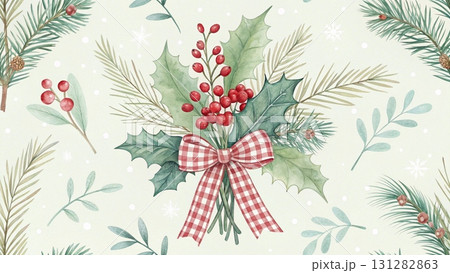 Seamless Christmas pattern, elegant red ribbon bows with holly leaves and clusters of red berries background  131282863