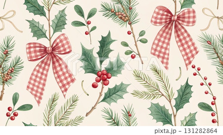 Seamless Christmas pattern, elegant red ribbon bows with holly leaves and clusters of red berries background  131282864