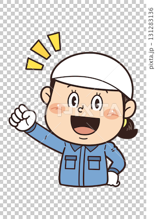 An illustration of a female worker working in a factory or on-site clenching her fist and showing motivation 131283136