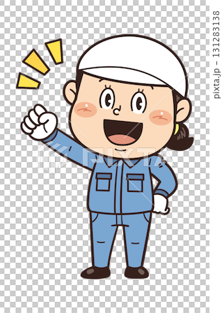 An illustration of a female worker working in a factory or on-site clenching her fist and showing motivation 131283138