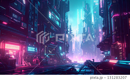 ネオンカラーに輝くサイバーパンクな未来都市の街並み ネオンカラーに輝くサイバーパンクな未来都市の街並み 131283207