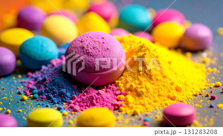 カラフルな粉末と丸い錠剤のクローズアップ カラフルな粉末と丸い錠剤のクローズアップ 131283208