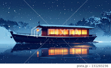 雪の降る夜の水面に浮かび暖かく光る伝統的な和船 131283236